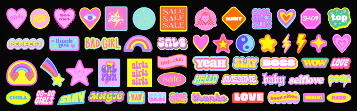 Set Of Cool Y2k Stickers Vector Design. Trendy Girl Cute Patches. Groovy Graphic Elements. Funny Funky Labels. Collection Of Pop Art Illustrations.