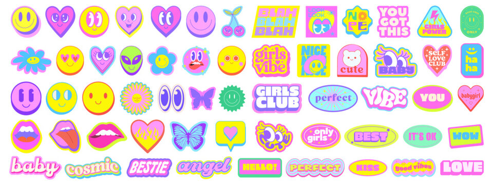 Set Of Cool Y2k Stickers Vector Design. Trendy Girl Cute Patches. Groovy Graphic Elements. Funny Funky Labels. Collection Of Pop Art Illustrations.