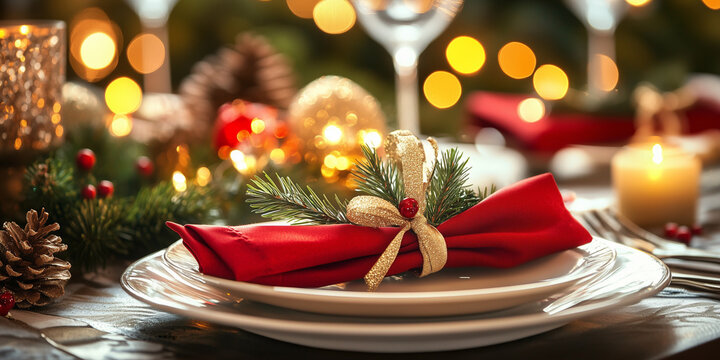 Elegant Christmas table setting with red napkin and decorations  