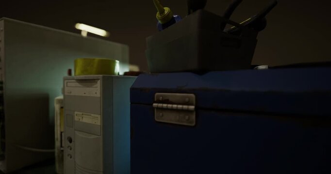 A collection of tools rests on a blue workbench illuminated by soft lights, creating a serene atmosphere in a busy workshop filled with equipment, focused on craftsmanship.