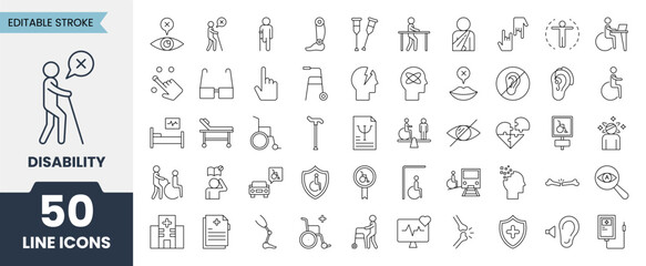 Disability and Accessibility line icons. Containing wheelchair, hearing aid, cane, mobility sensory, care assistance, inclusion, assistive devices and more. Editable stroke. Vector illustration