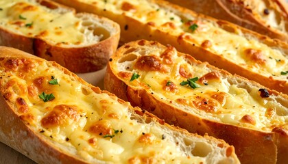 Sliced baguette topped with melted cheese, garnished with parsley, on a neutral background. Close up, shallow depth