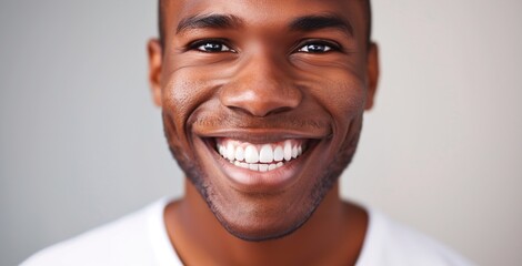 Close-up of a man smiling confidently with bright white teeth, representing good oral hygiene, health, and happiness.