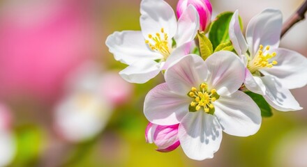 Obraz premium Delicate white apple blossoms with soft pink background