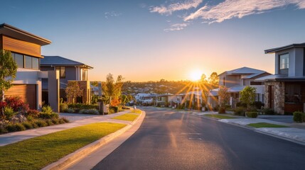 Fototapeta premium Golden sunlight fills the streets of a tranquil neighborhood highlighting new homes and greenery.