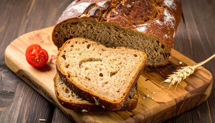 Sliced dark bread on a wooden board, complemented by a tomato and wheat stalk, on a rustic wooden table