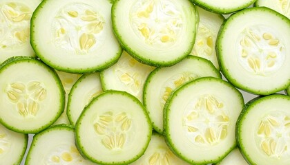 Sliced green cucumbers with seeds fill the frame, creating a fresh, crisp, and vibrant texture