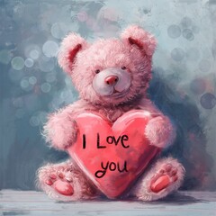 Teddy fluffy bear with heart shaped gift in oil paint art style, holiday card