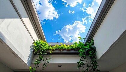 Sky view framed by white walls and vines hanging down; calming blue sky and cloudscape shining above building interior