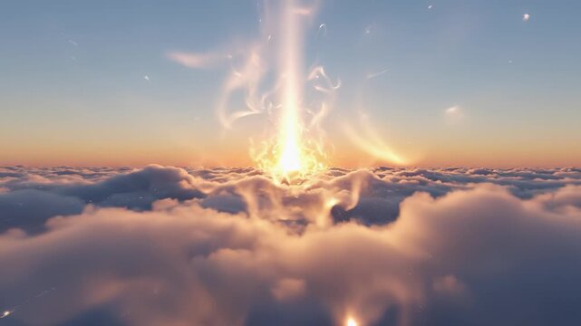 Ethereal sunrise emerges above clouds, showcasing radiant light and soft textures, with gradual upward camera movement capturing the scene's beauty