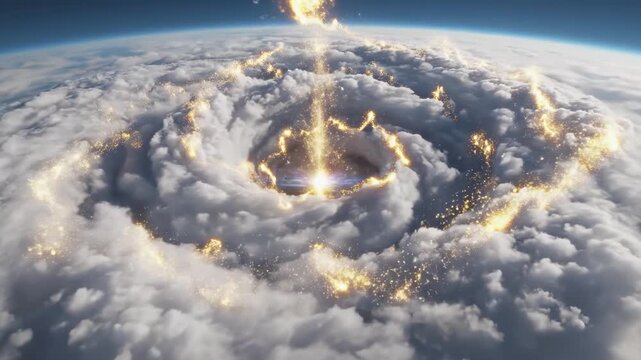 Dynamic aerial view of swirling cloud formation evolving with radiant light effects, showcasing atmospheric motion and depth, camera zooms in on the vortex