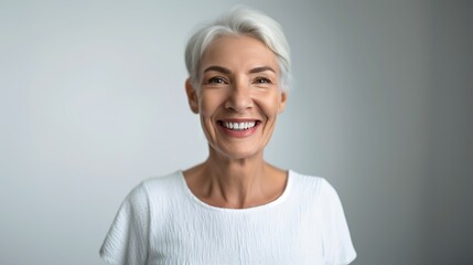 Portrait of a confident middle-aged woman with natural gray hair and bright smile, showing self-acceptance and healthy lifestyle.
