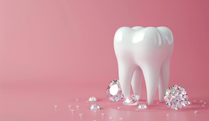 A glossy white tooth placed among shining diamonds on a pink background, symbolizing high-end dental beauty and flawless oral care.