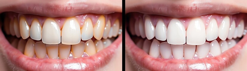 Close-up photo showing a young woman's smile before and after teeth whitening, highlighting brighter, cleaner teeth and improved dental aesthetics.
