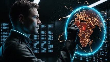 Man manipulates hologram globe interface. Globe displays illuminated network and data nodes. Technology and cybersecurity concept visualized. Digital interface shows global connections and analysis. - Powered by Adobe