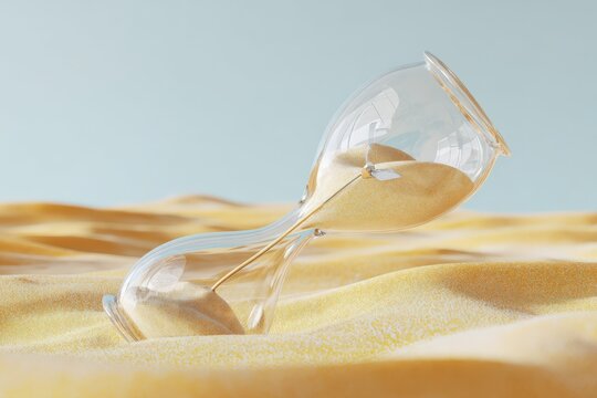 Time's Gentle Flow: An hourglass, with its grains of sand subtly shifting, nestles in the sun-kissed sands, signifying the passage of time. The scene evokes a sense of stillness and contemplation.