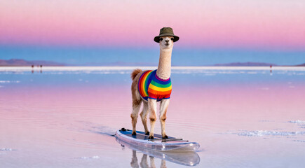 Naklejka premium Llama Wearing Sweater and Hat Surfing on Salt Flat