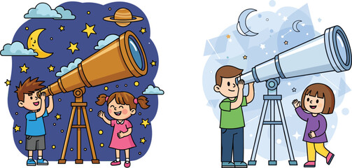 Cartoon children using telescope to watch stars and planets, kids doing astronomy at night sky, educational space exploration activity illustration for science learning and fun