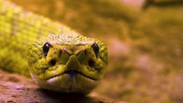 Close up of rattlesnake head in the desert sand, it's tongue comes out