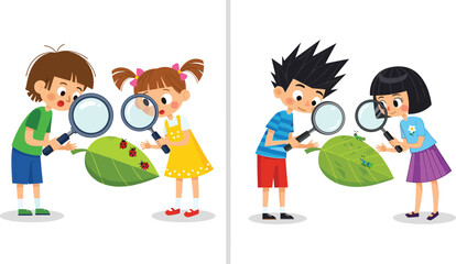 Children exploring nature with magnifying glass, studying insects on leaf, kids learning science outdoors, curiosity and discovery, environmental education, biology observation