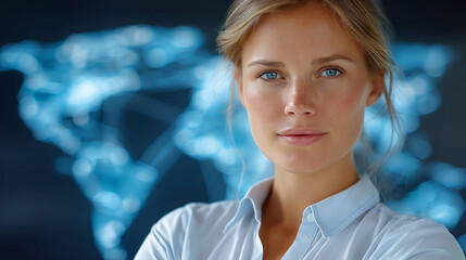 Global Visionary: A confident businesswoman stands with her arms crossed, exuding authority and forward-thinking in front of a world map, embodying the essence of leadership and global awareness.