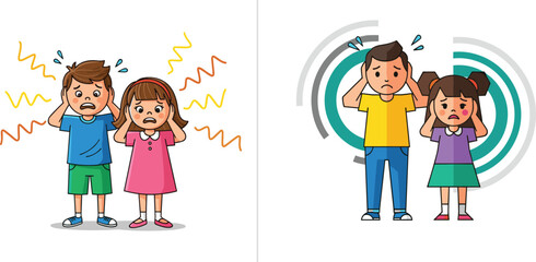 Children covering ears, loud noise illustration, noise pollution concept, sound stress in kids, emotional reaction to noise, vector cartoon art, environmental awareness design