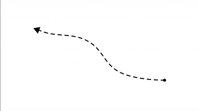 animation of arrow moving to the top left corner along curved dashed path  on white background