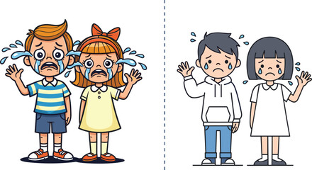 Crying cartoon children waving goodbye with tears, emotional sad kids illustration, boy and girl crying, separation anxiety, upset childhood feelings, farewell moment artwork