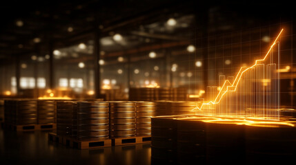Market Growth in Warehouse: Captivating warehouse scene bathed in warm golden light, where crates are stacked, and a holographic line graph of a dynamic market growth elegantly floats.