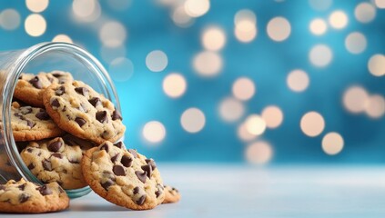 Delicious chocolate chip cookies spilling from a glass jar against a bokeh blue background