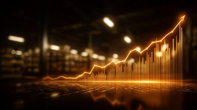 Business Growth visualized: The dynamic image portrays a glowing graph soaring upwards, symbolizing business growth. The bright lines contrast against the blurry warehouse background.