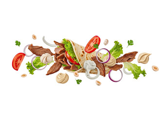 Delicious shawarma meat and fresh vegetables levitate in mid air isolated on transparent background