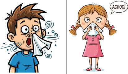 Funny cartoon kids sneezing with tissue, allergy and cold concept, hygiene awareness illustration, sick children expression, health care education, seasonal flu prevention art