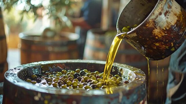 Traditional olive oil extraction process in a rustic setting, showcasing freshly harvested olives and golden oil being poured