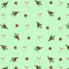Seamless Christmas pattern with pine cones, fir branches, star anise and red bows. Winter holiday background. Transparent PNG. Perfect for wrapping paper, packaging, fabric, scrapbook.
