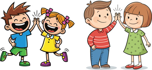 Happy kids giving high five together, smiling boys and girls cartoon illustration, friendship teamwork concept, cheerful children celebrating success isolated on white background, playful fun moment
