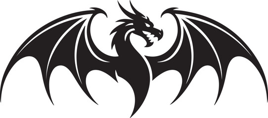 Mythical Dragon with Outspread Wings Illustration – Black and White Fantasy Creature Vector Symbolizing Power, Strength, Fire, and Magic in Tribal Tattoo Art Design Style