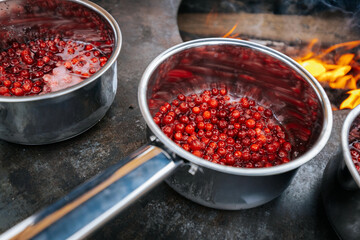 Close-up of lingonberries simmering in stainless steel pots over an open fire, bubbling as they transform into jam during an outdoor cooking session.