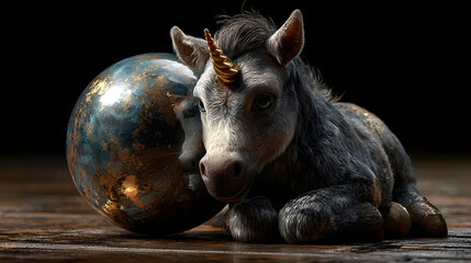 Unicorn Sitting Beside a Magical Crystal Ornament Ball – Fantasy Christmas Illustration