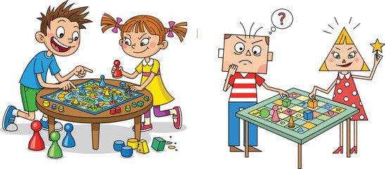 Happy kids playing board games together, fun indoor activity for children, creative cartoon illustration of friends enjoying tabletop game with colorful pieces and joyful expressions