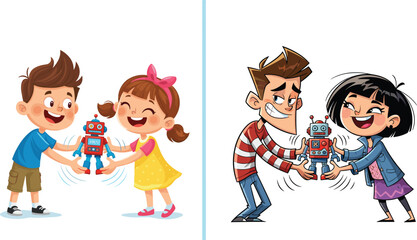 Happy kids sharing toy robot with joy and friendship, cartoon illustration showing teamwork, cooperation, childhood fun, technology play, happiness, and playful learning together