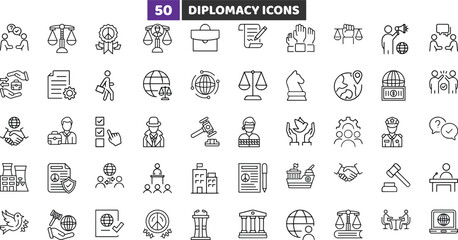 Diplomacy and International Relations Icons Set, Political Dialogue Outline Vector Collection