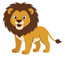 Friendly cartoon lion with a big mane smiles on a white background