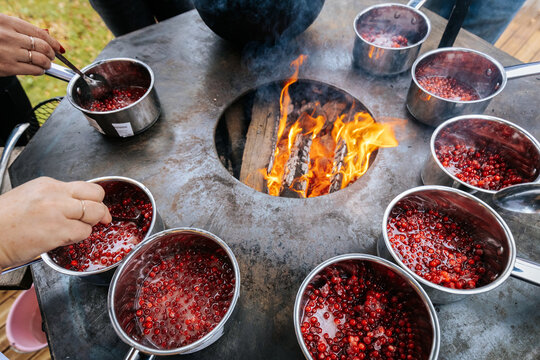 People cook lingonberries in small pots over an open fire during an outdoor jam-making workshop, stirring and watching the berries boil in a circle.