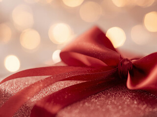 Elegant Red Ribbon Adorned Gift Box with Soft Bokeh Lights Background for Festive Occasions