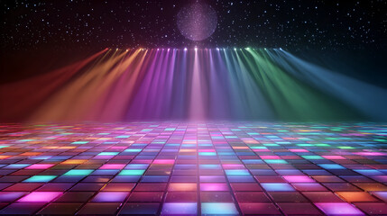 Retro disco dance floor with glowing multicolored lights for party and celebration