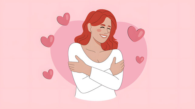 Red-Haired Woman Embracing Herself with Joy and Confidence &ndash; Love-Themed Vector Art on a Pink Background with Floating Hearts