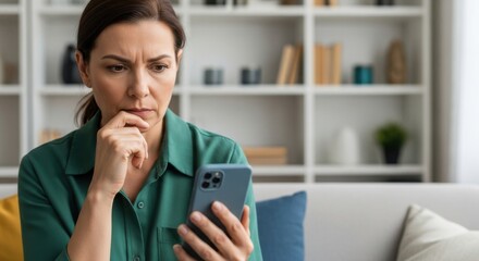 A middleaged woman looking concerned while reading a message on her smartphone, sitting on a couch in a living room