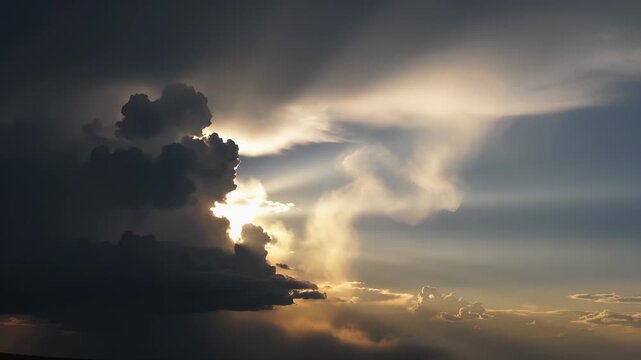 Dramatic cloud formations illuminated by sunlight create a stunning atmospheric scene, showcasing evolving light and shadow, camera pans across the horizon