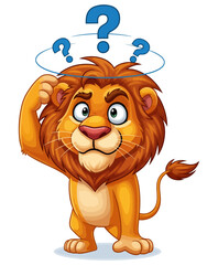 Confused cartoon lion scratching head with question marks above